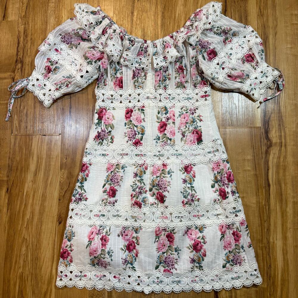 Zimmerman Honour Pintuck Panel Crochet Trim Pink Floral Off Shoulder Mini Dress - Picture 9 of 9